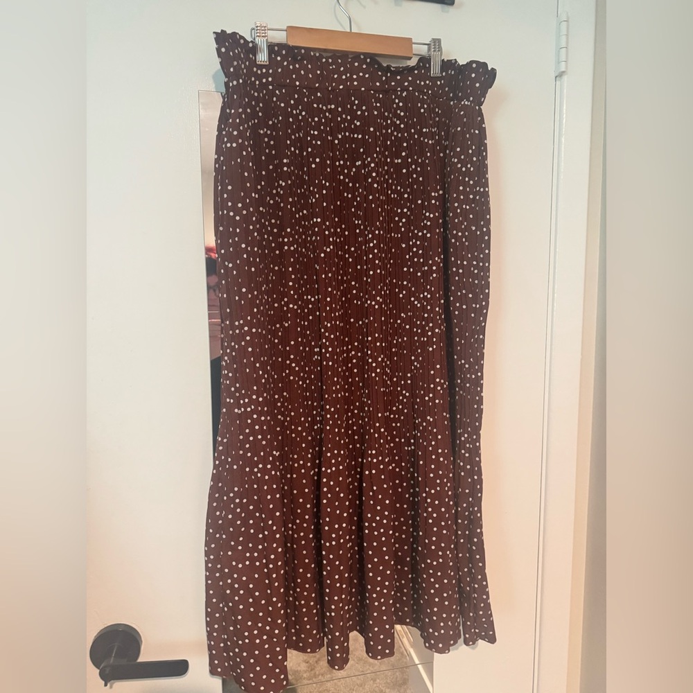 Elastic Plus size Polka Dot Brown Maxi A-Line Skirt with Pleats xxl NwT